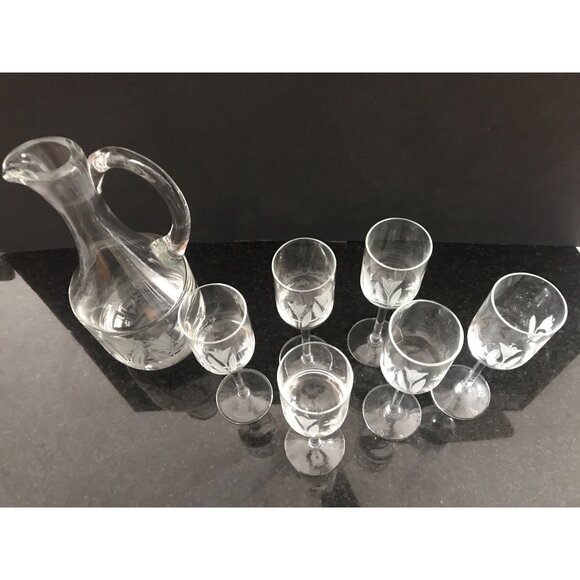 Vintage 1970's Frosted Tulip Decanter Pitcher & 6 Matching Liqueur Long Stemmed - Picture 4 of 10